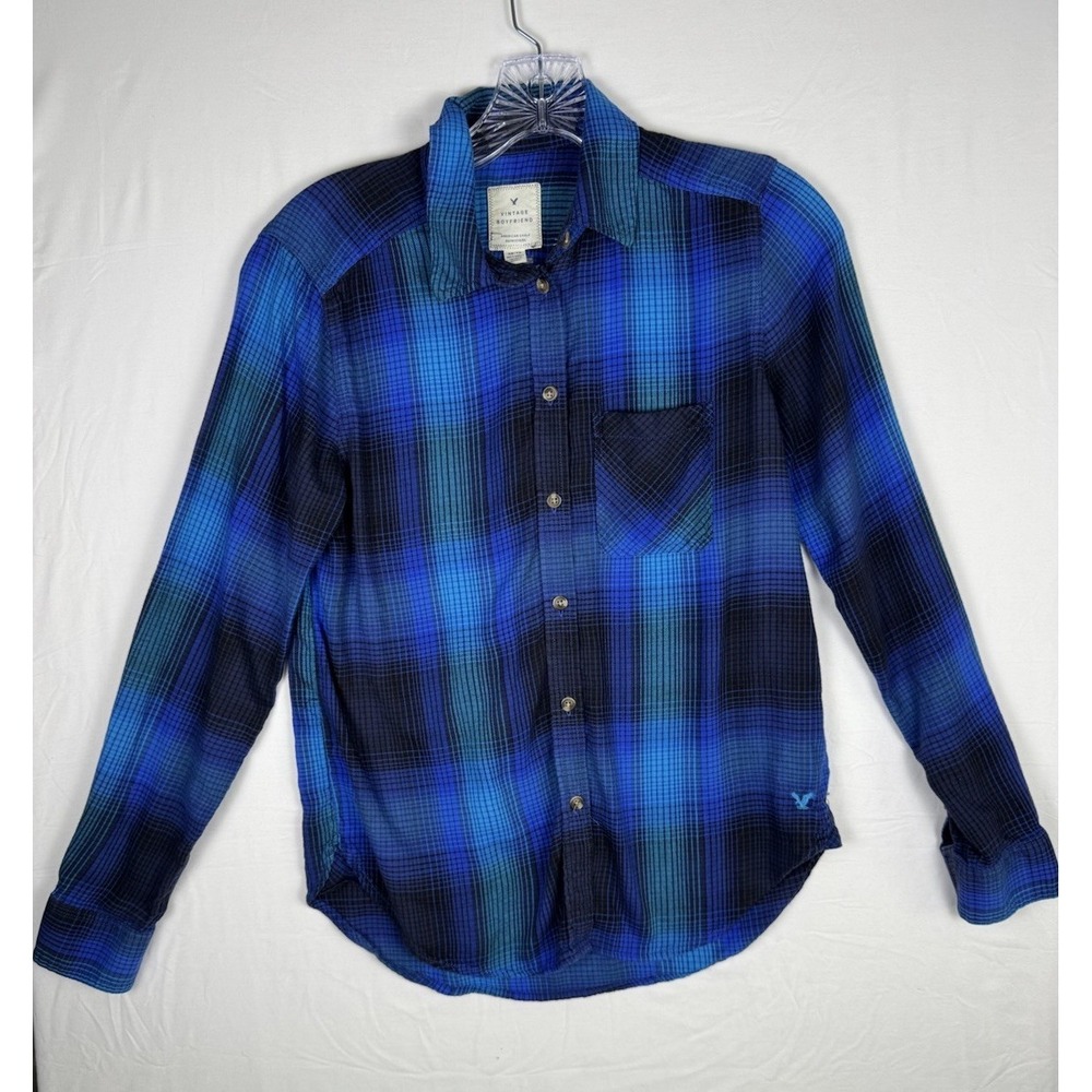 American Eagle‎ Vintage Boyfriend Flannel Shirt Women's XS Blue Plaid Button Up